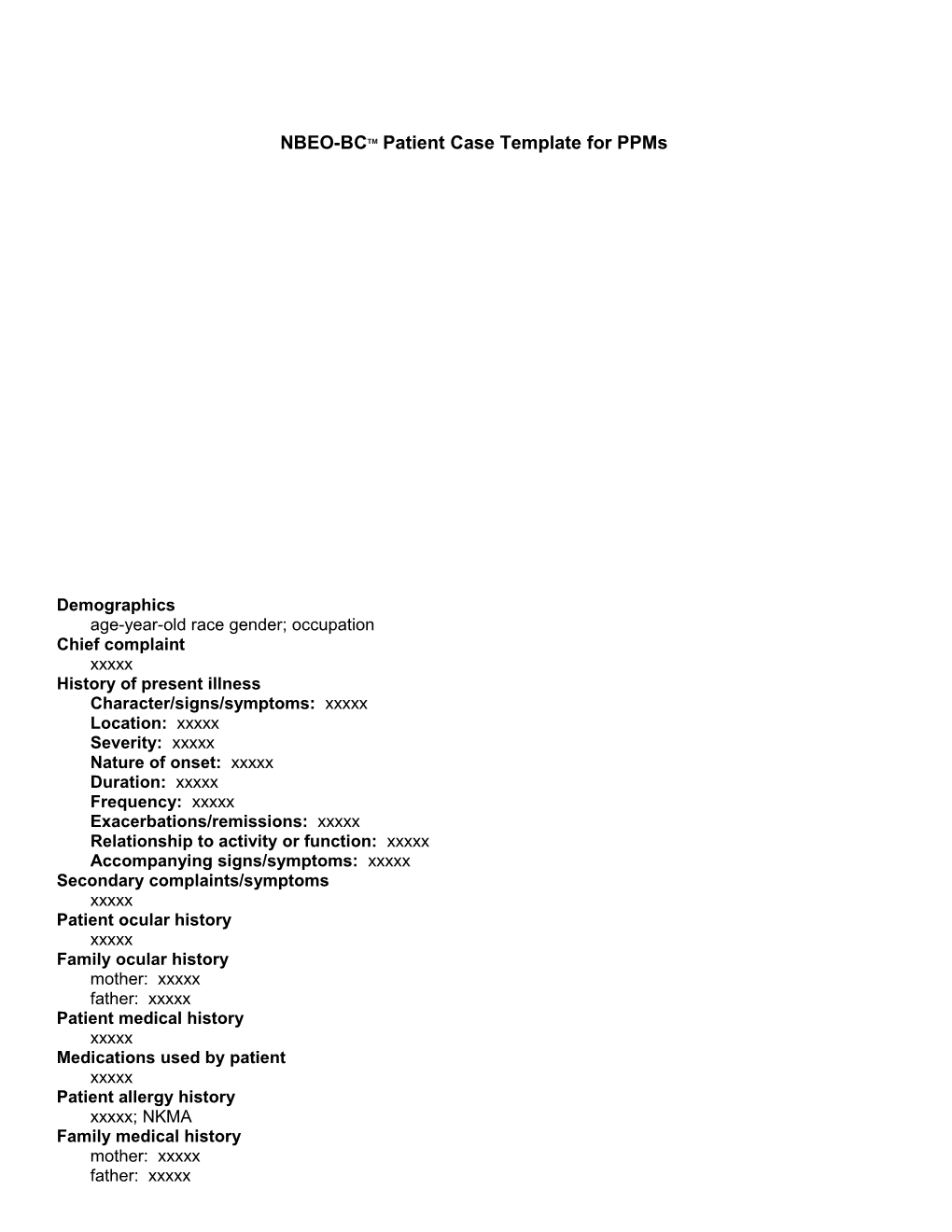 NBEO-BCTM Patient Case Template for Ppms