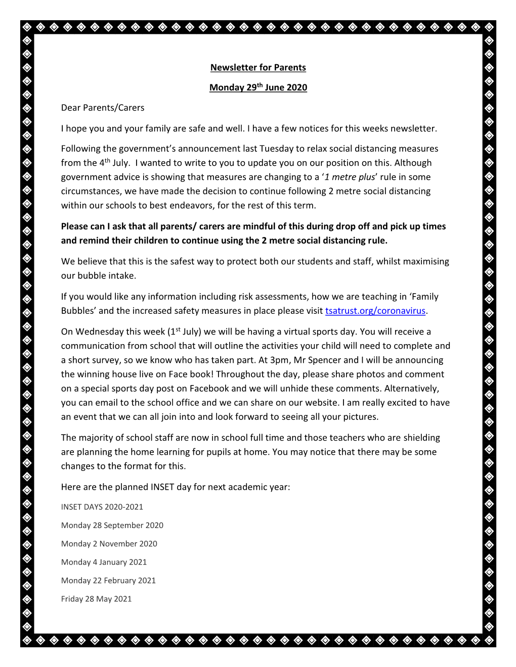 Newsletter for Parents Monday 29Th June 2020 Dear Parents/Carers