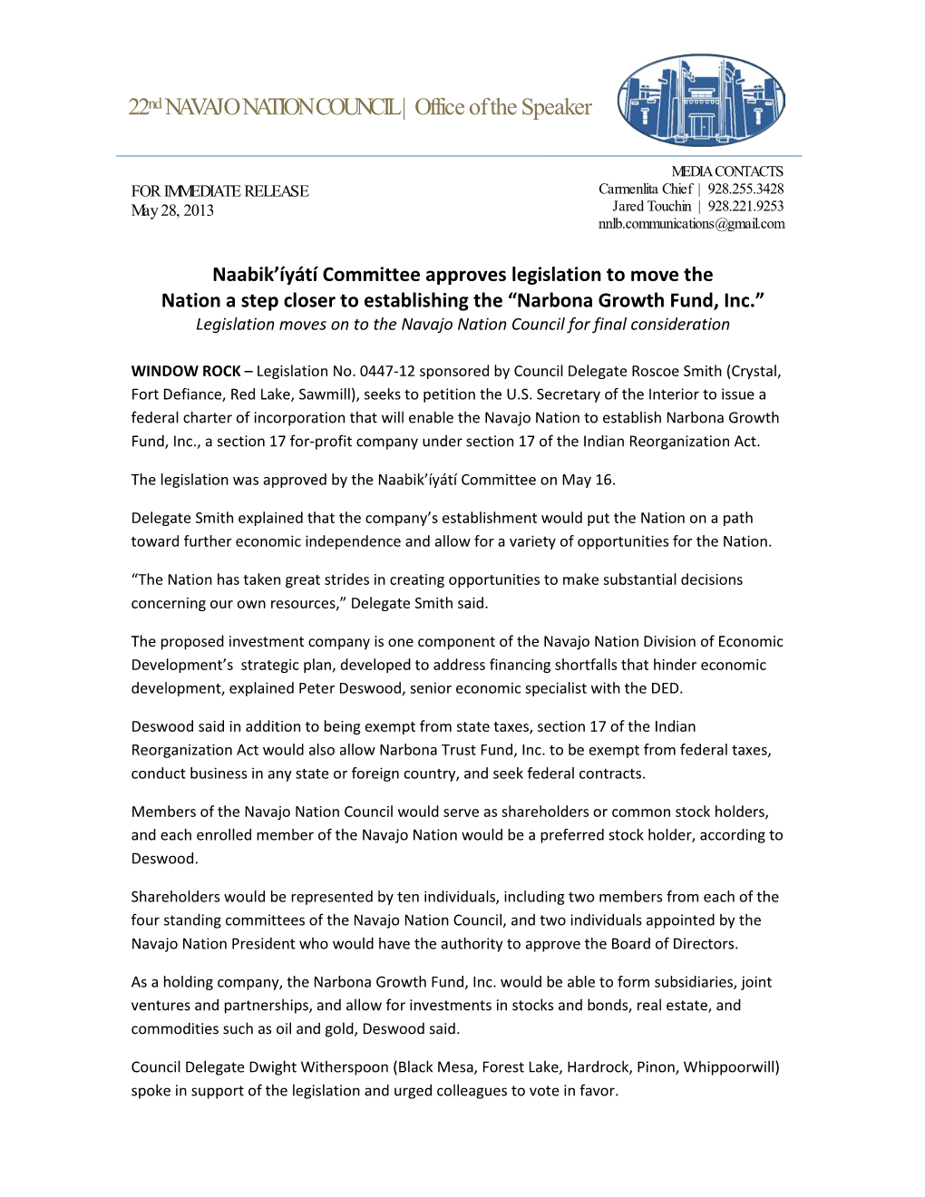 Narbona Growth Fund, Inc.” Legislation Moves on to the Navajo Nation Council for Final Consideration
