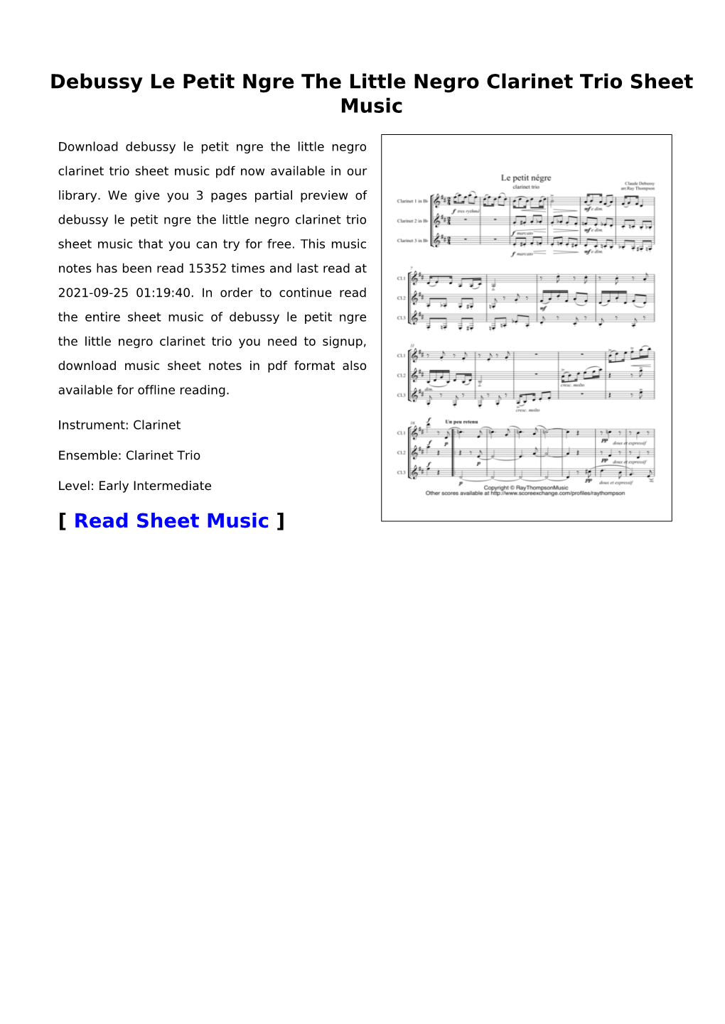 Debussy Le Petit Ngre the Little Negro Clarinet Trio Sheet Music