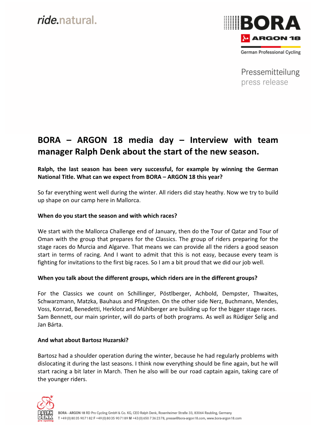 BORA – ARGON 18 Media Day – Interview with Team Manager Ralph Denk About the Start of the New Season