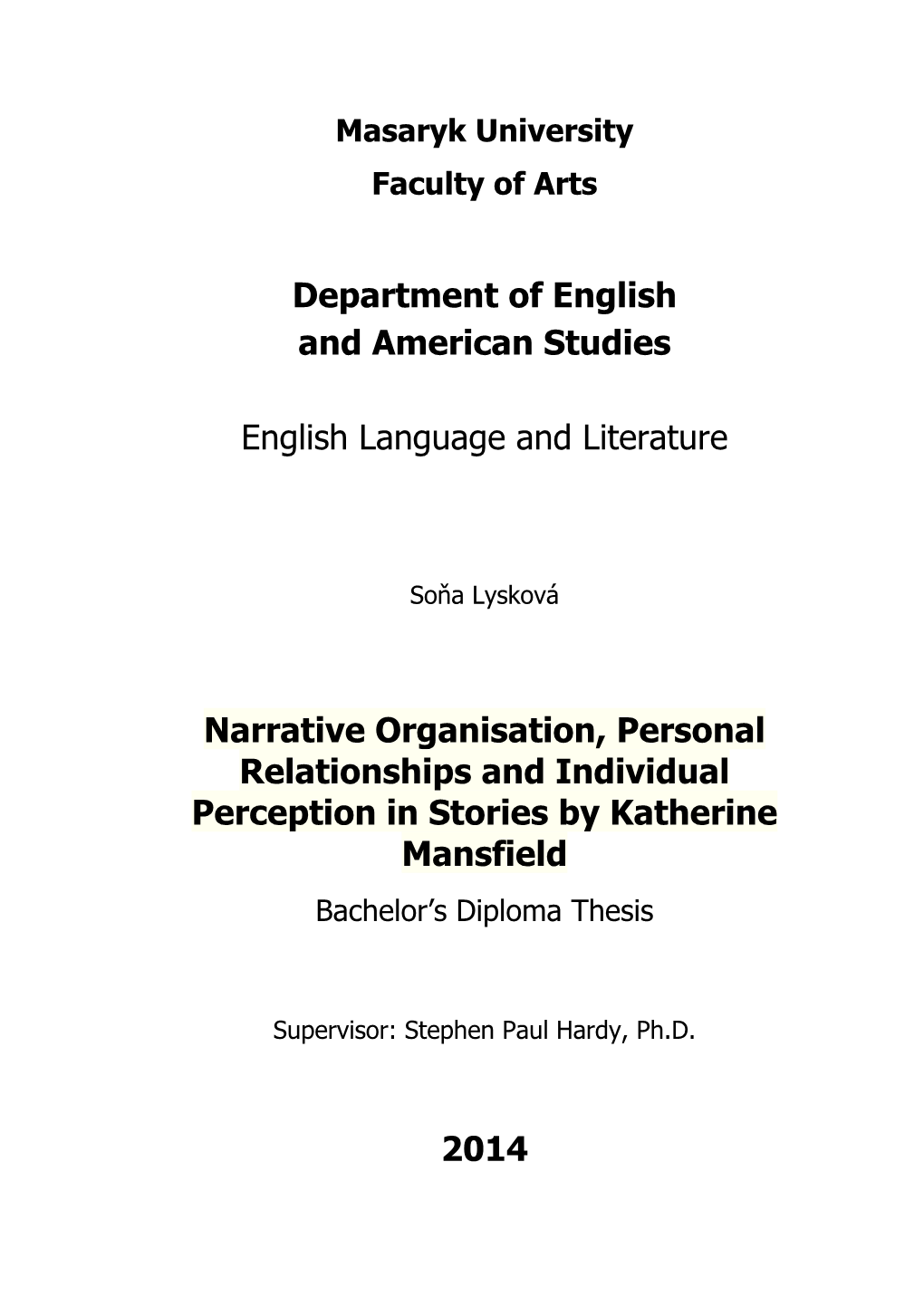 Department of English and American Studies English Language And