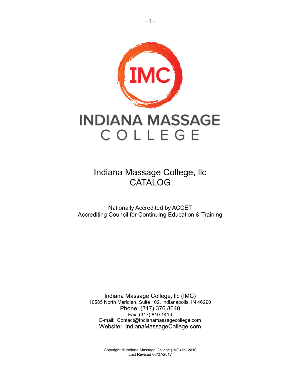 Indiana Massage College, Llc CATALOG