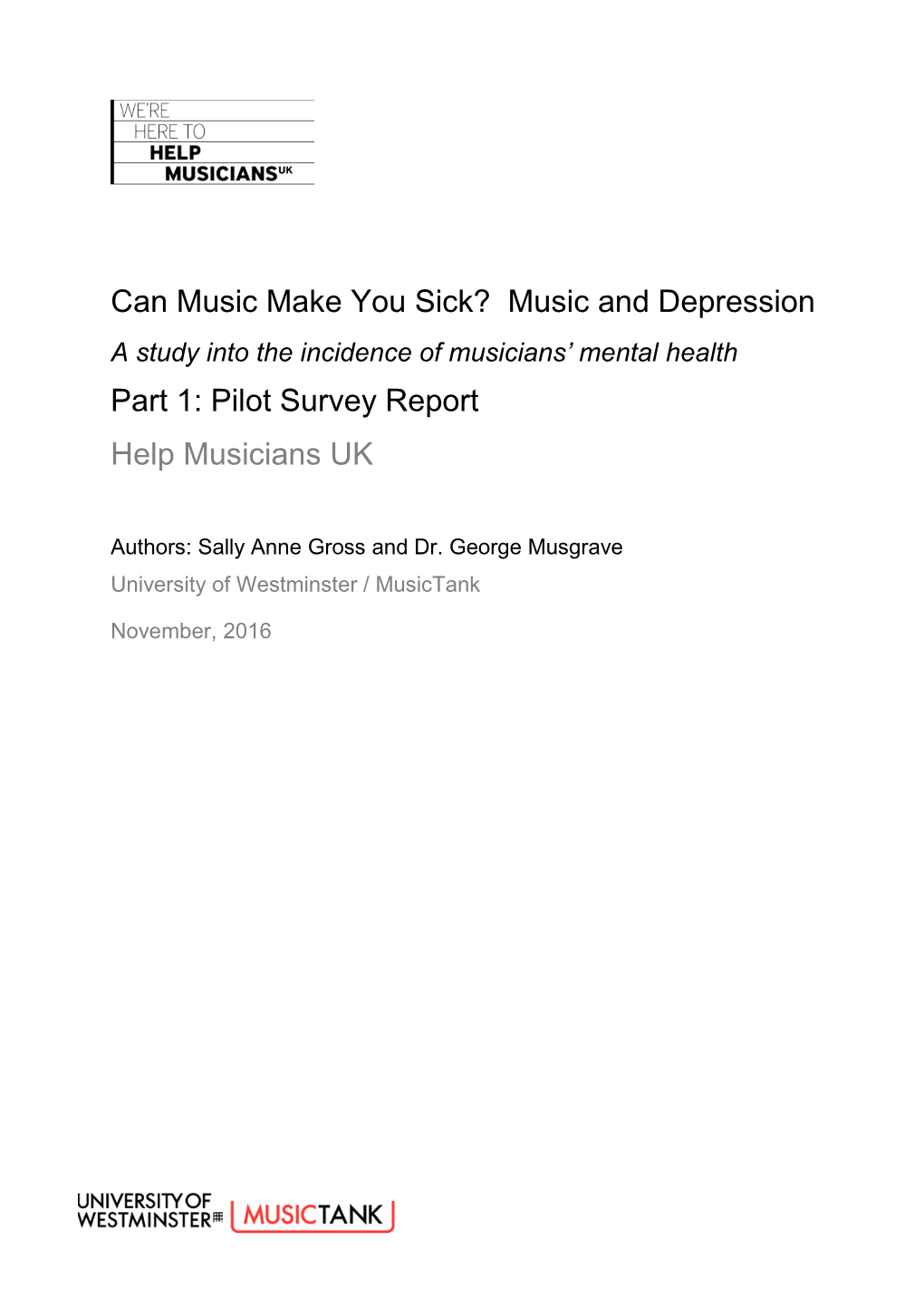 Music and Depression Part 1: Pilot Survey Report Help Musicians UK