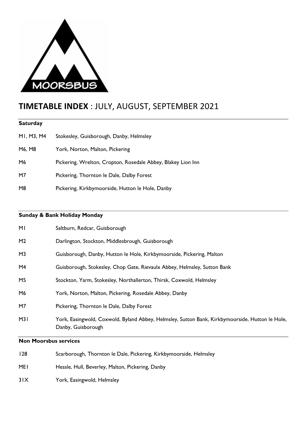 Timetable Index : July, August, September 2021