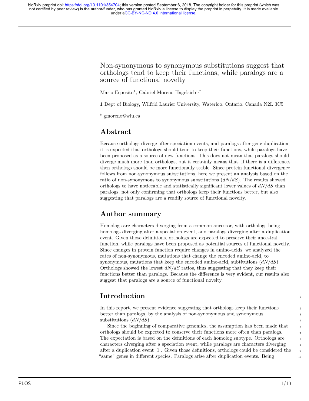 Non-Synonymous to Synonymous Substitutions Suggest That Orthologs Tend to Keep Their Functions, While Paralogs Are a Source of Functional Novelty