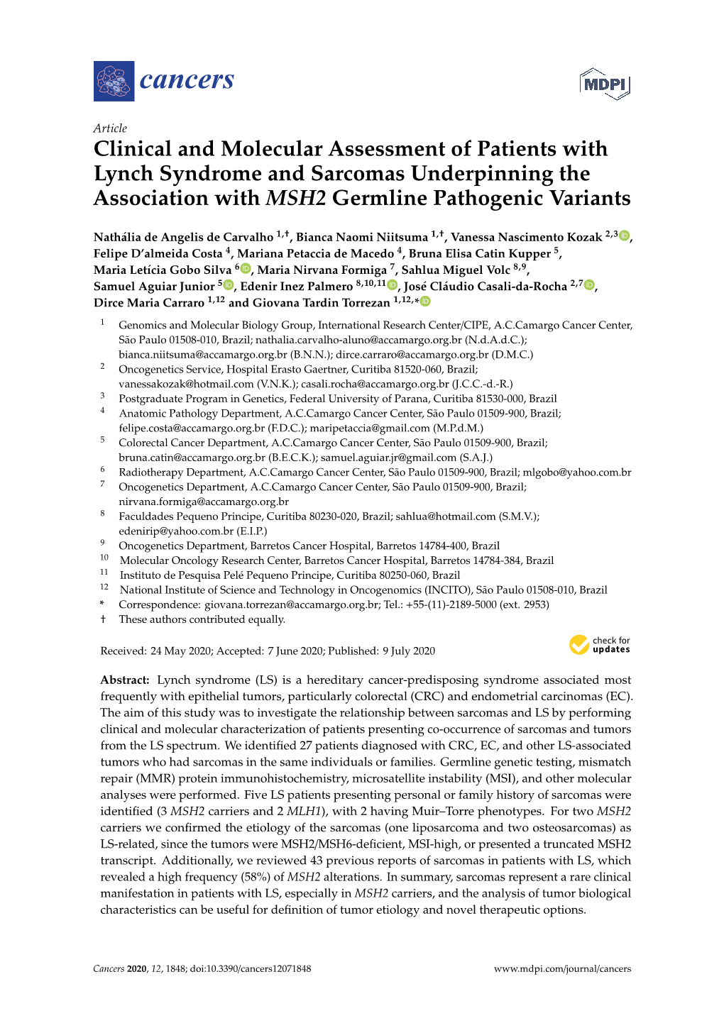 Clinical and Molecular Assessment of Patients with Lynch Syndrome and Sarcomas Underpinning the Association with MSH2 Germline Pathogenic Variants