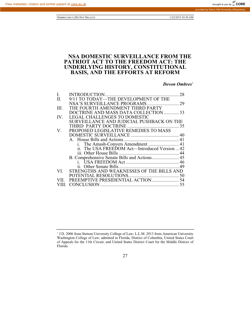 Nsa Domestic Surveillance from the Patriot Act to the Freedom Act: the Underlying History, Constitutional Basis, and the Efforts at Reform