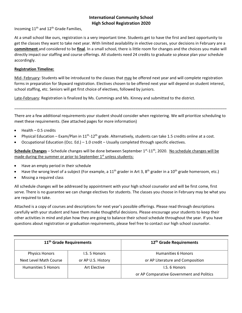 International Community School High School Registration 2020 Incoming 11Th and 12Th Grade Families