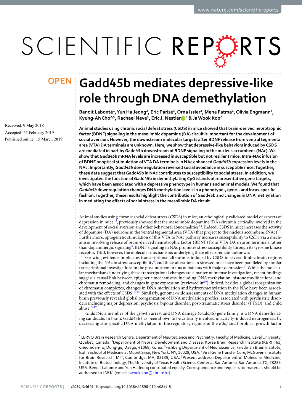 Gadd45b Mediates Depressive-Like Role Through DNA Demethylation