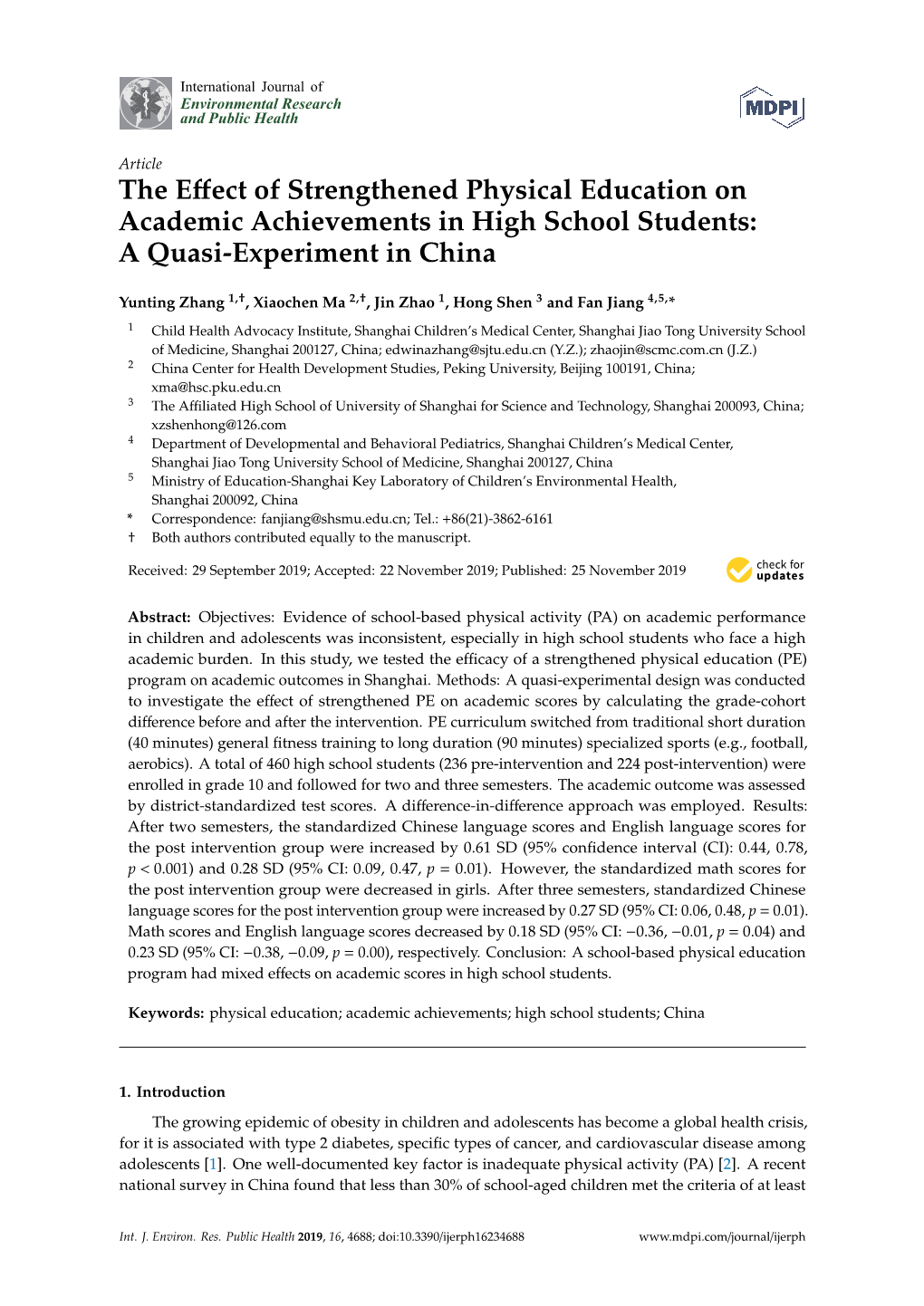 The Effect of Strengthened Physical Education on Academic Achievements in High School Students