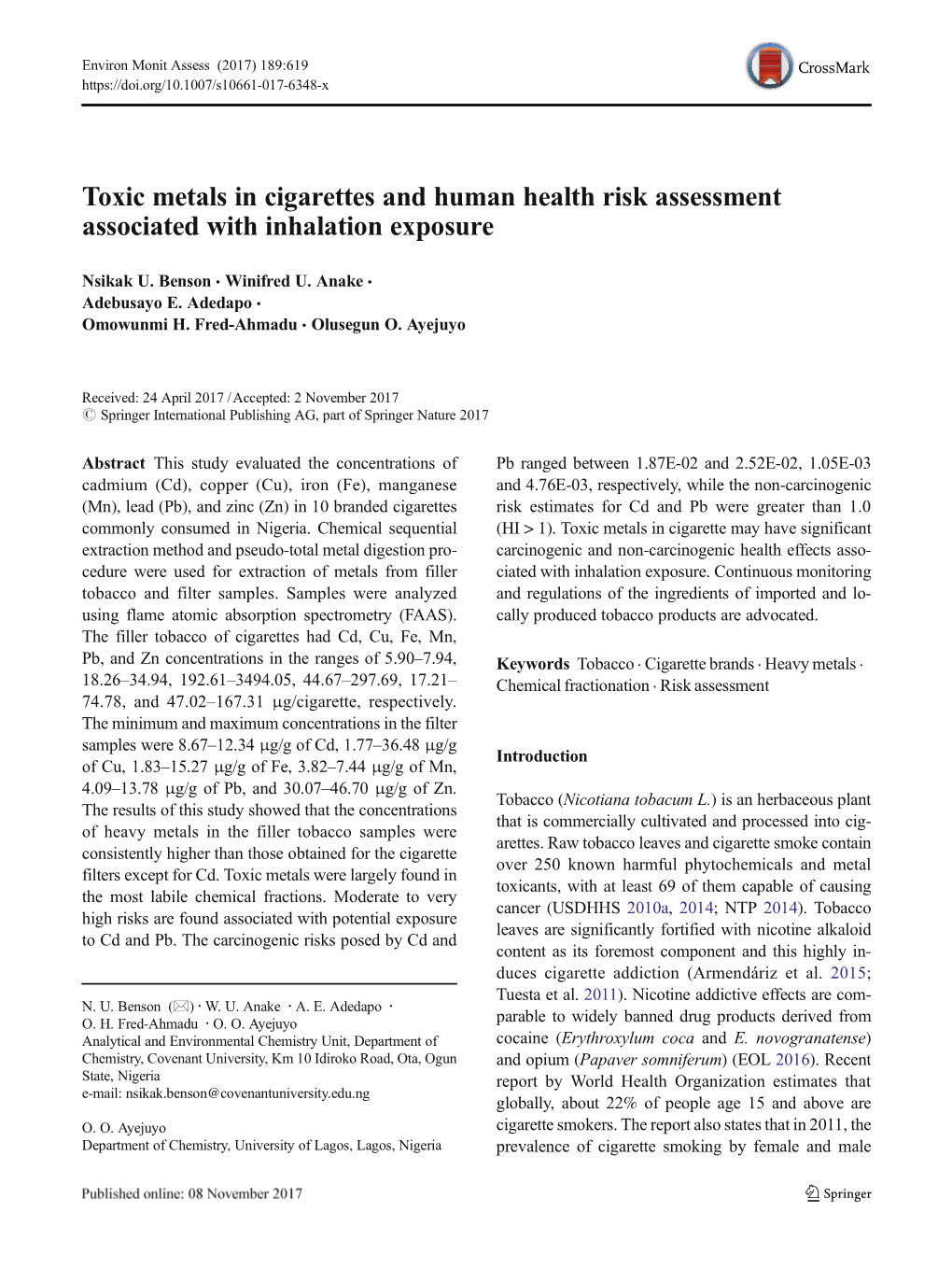 Toxic Metals in Cigarettes and Human Health Risk Assessment Associated with Inhalation Exposure