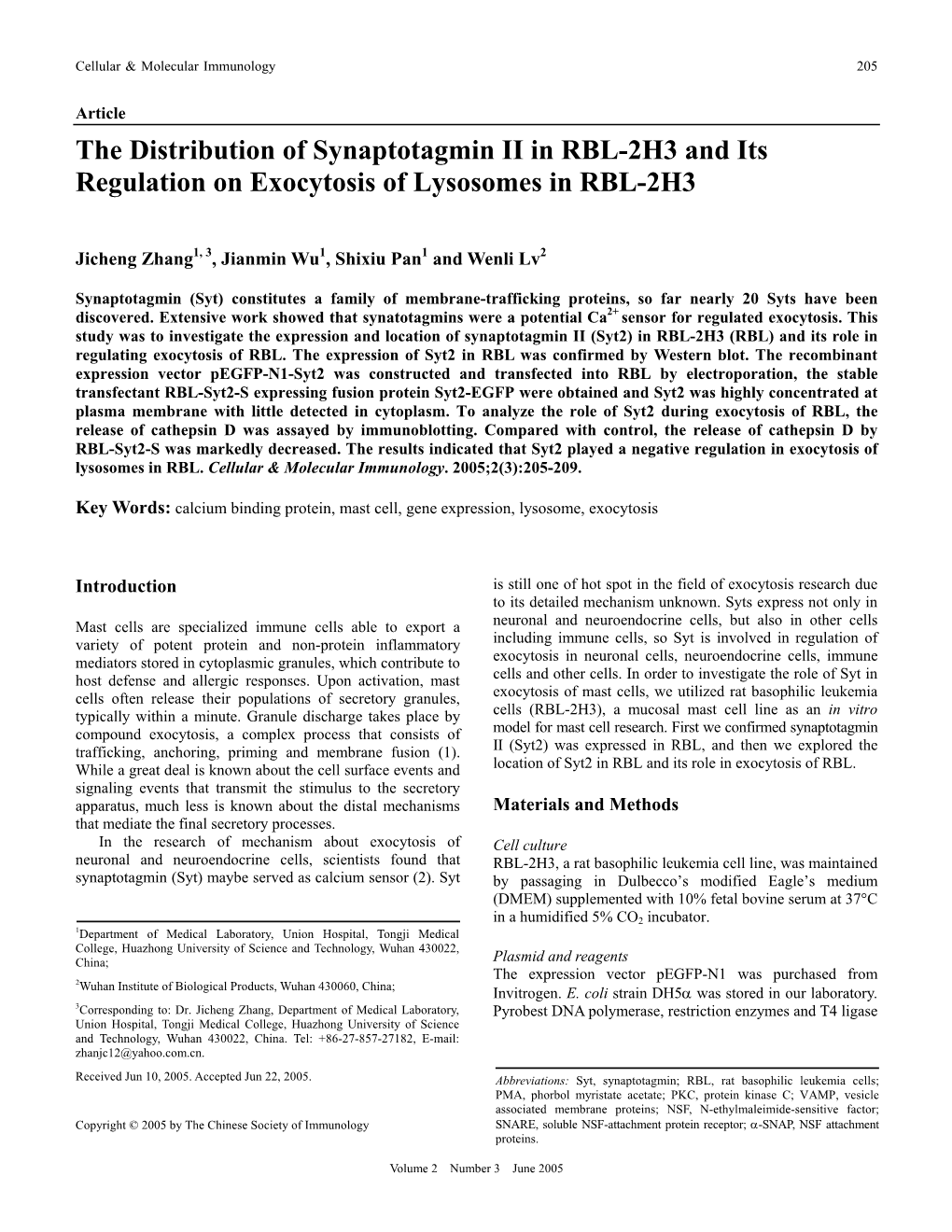 The Distribution of Synaptotagmin II in RBL-2H3 and Its Regulation on Exocytosis of Lysosomes in RBL-2H3