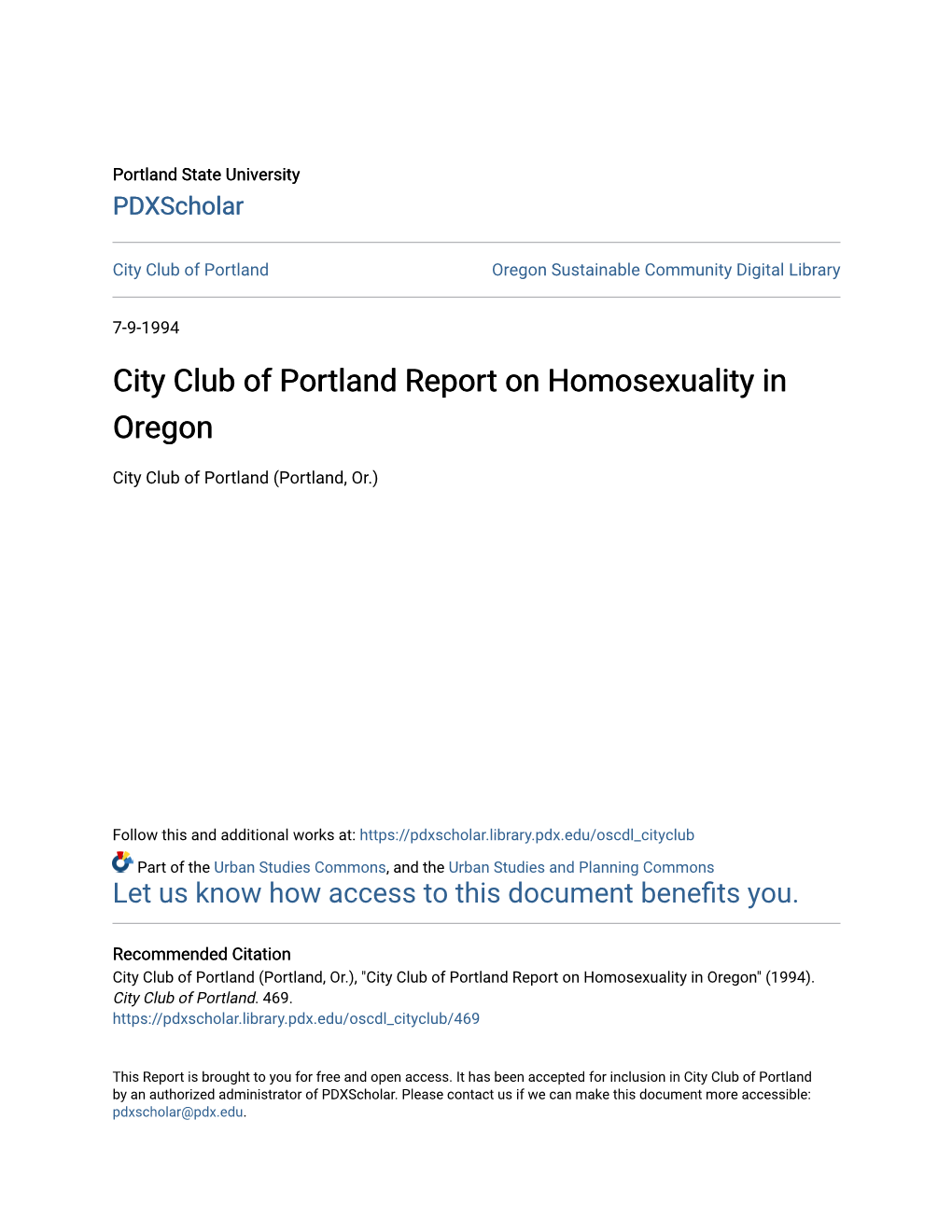City Club of Portland Report on Homosexuality in Oregon