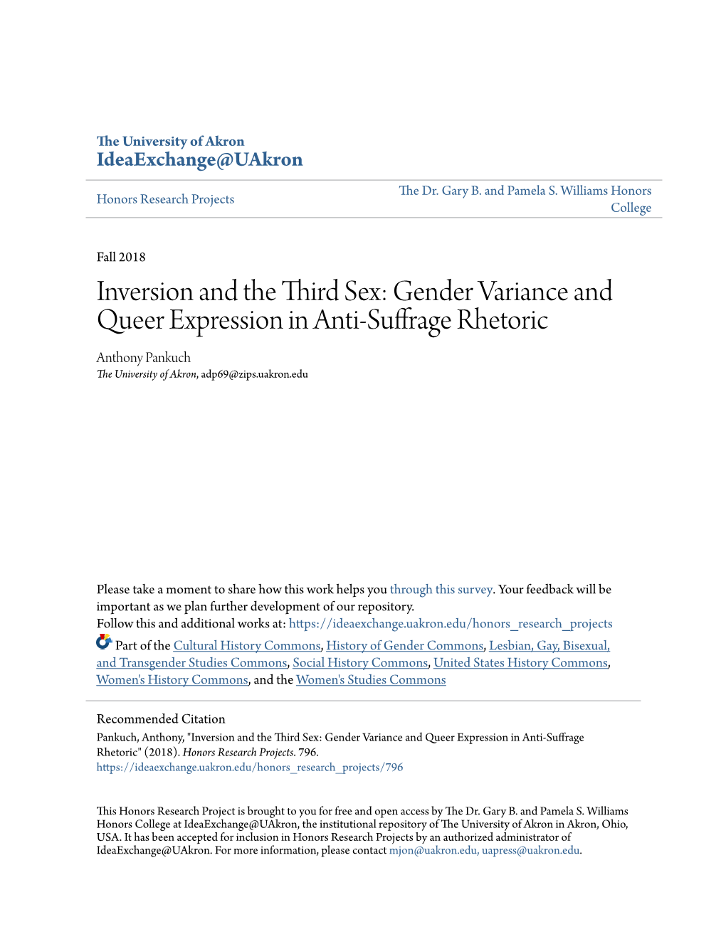 Gender Variance and Queer Expression in Anti-Suffrage Rhetoric Anthony Pankuch the University of Akron, Adp69@Zips.Uakron.Edu