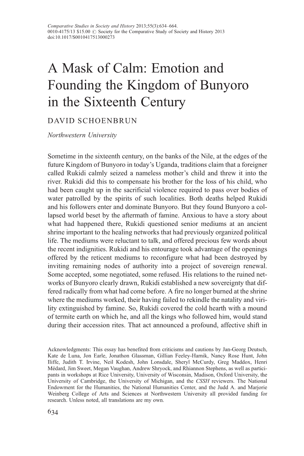 A Mask of Calm: Emotion and Founding the Kingdom of Bunyoro in the Sixteenth Century