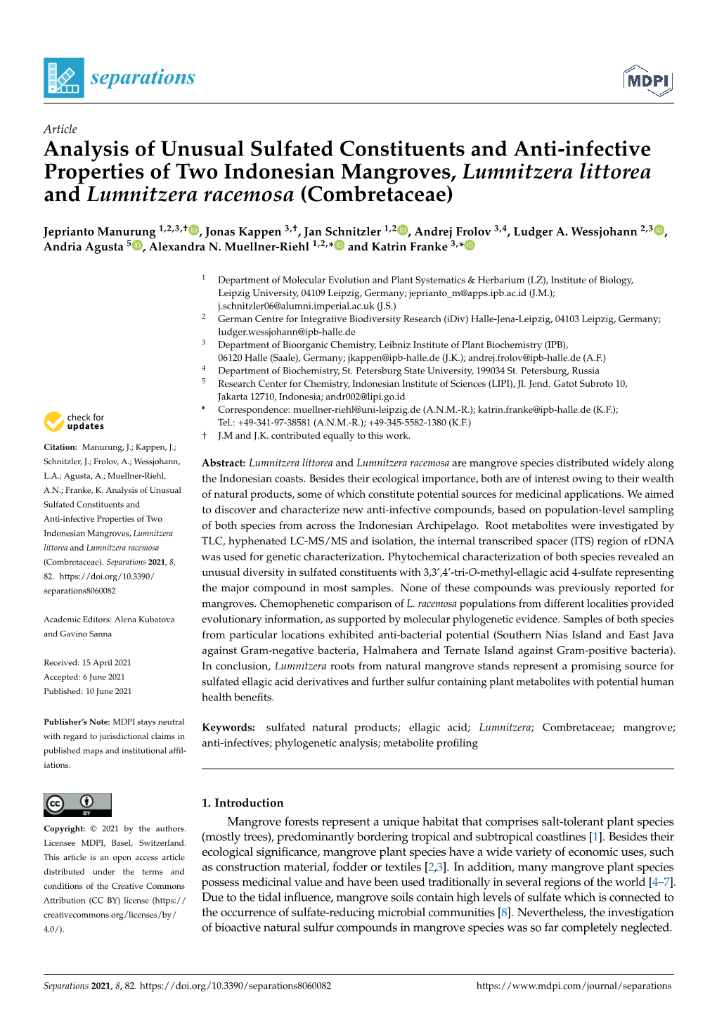 Analysis of Unusual Sulfated Constituents and Anti-Infective Properties of Two Indonesian Mangroves, Lumnitzera Littorea and Lumnitzera Racemosa (Combretaceae)