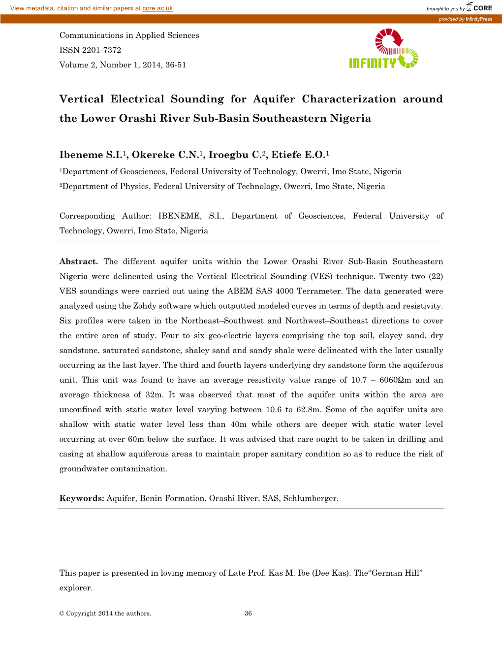 Vertical Electrical Sounding for Aquifer Characterization Around the Lower Orashi River Sub-Basin Southeastern Nigeria