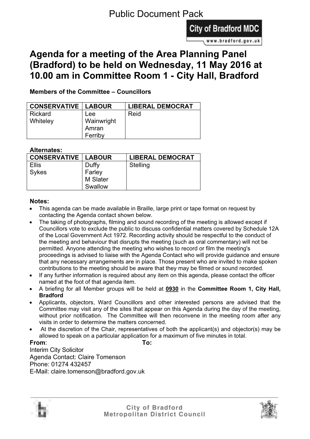 Bradford) to Be Held on Wednesday, 11 May 2016 at 10.00 Am in Committee Room 1 - City Hall, Bradford