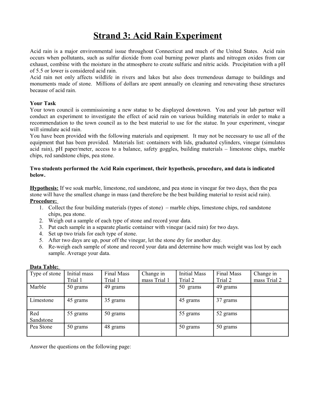 Strand 3: Acid Rain Experiment