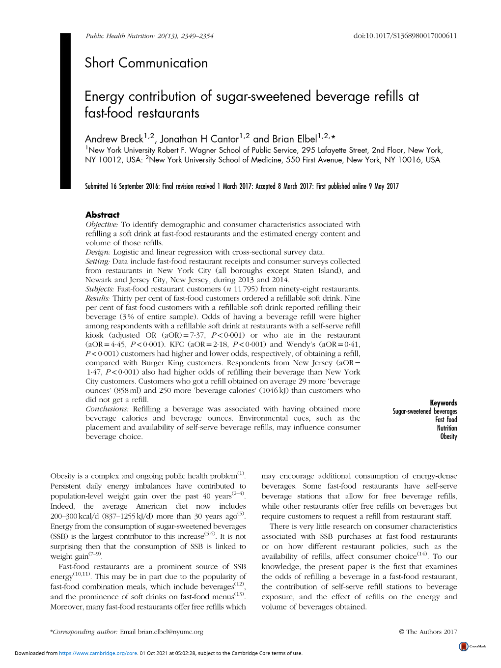 Short Communication Energy Contribution of Sugar-Sweetened