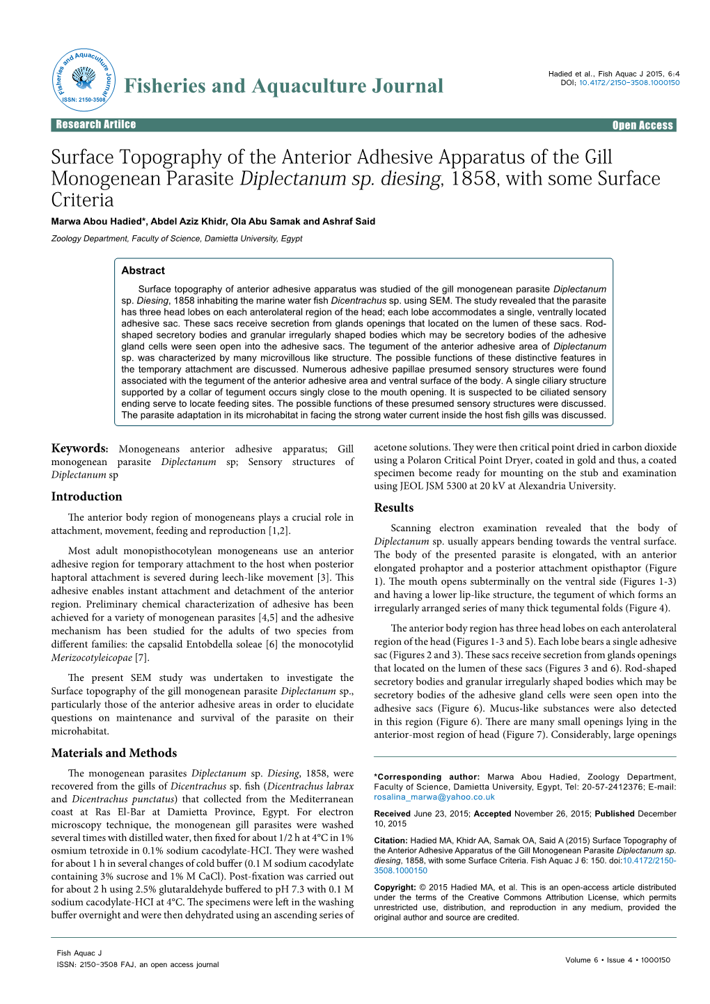 Surface Topography of the Anterior Adhesive Apparatus of the Gill Monogenean Parasite Diplectanum Sp