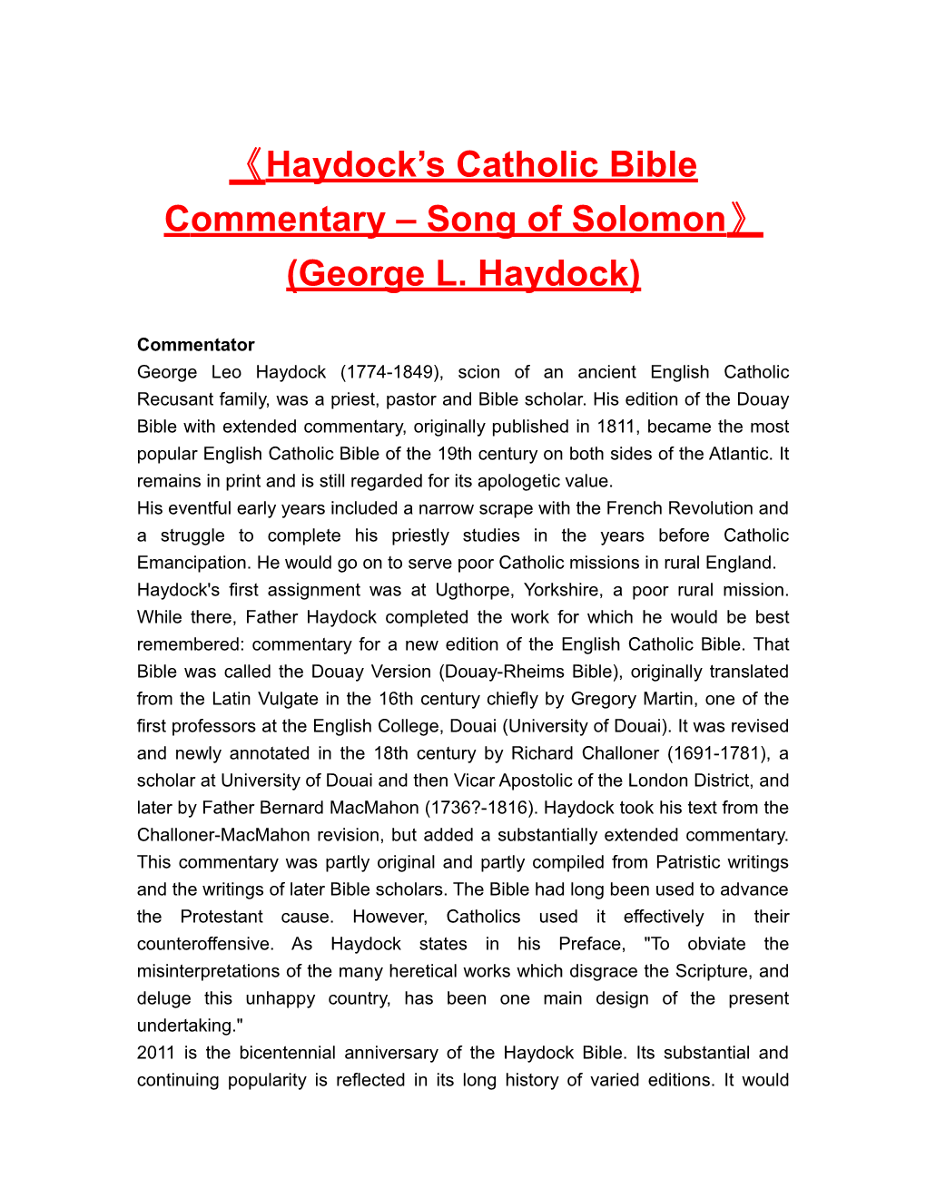 Haydock S Catholic Bible Commentary Song of Solomon (George L. Haydock)