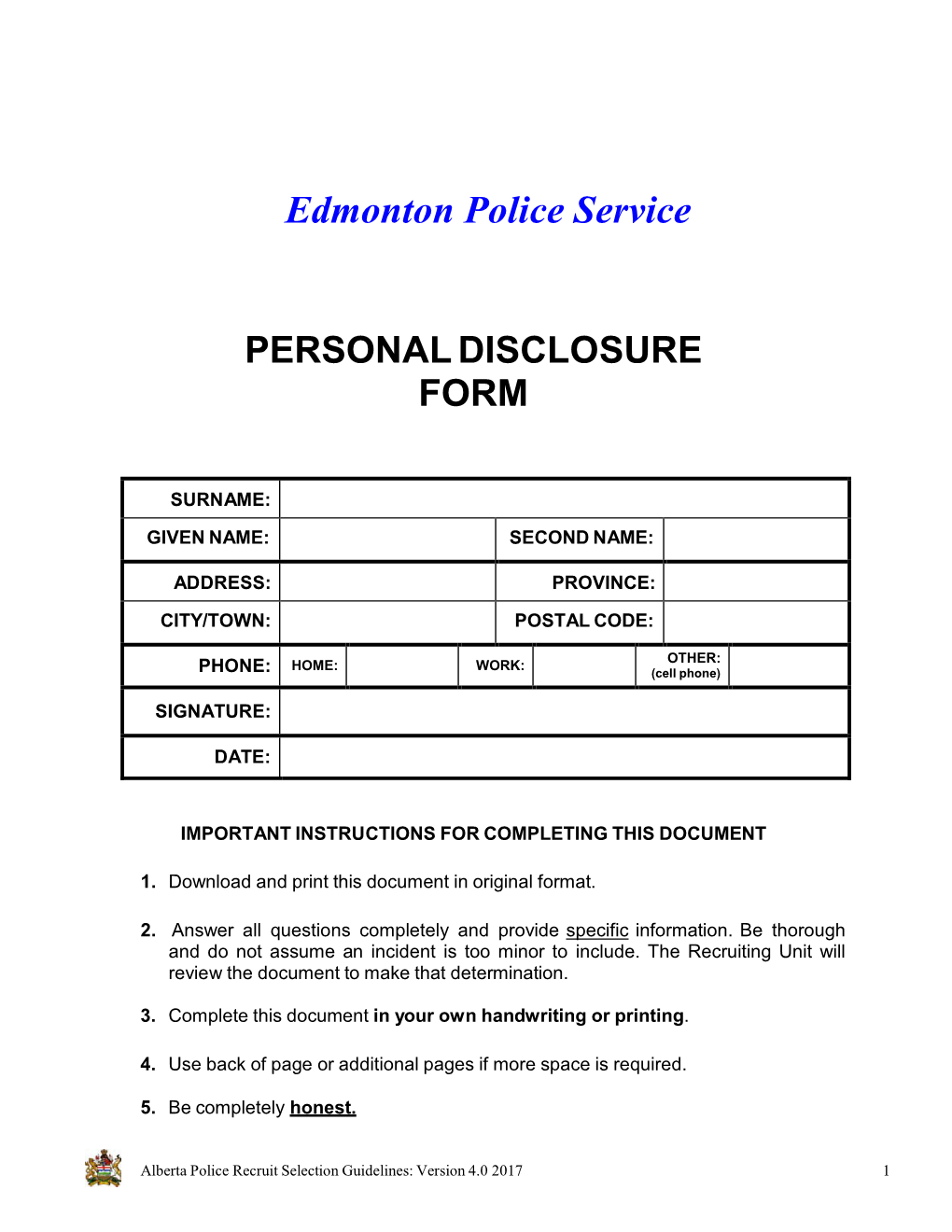 Personal Disclosure Form