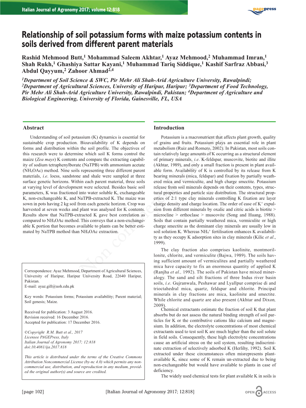 Relationship of Soil Potassium Forms with Maize Potassium Contents in Soils Derived from Different Parent Materials