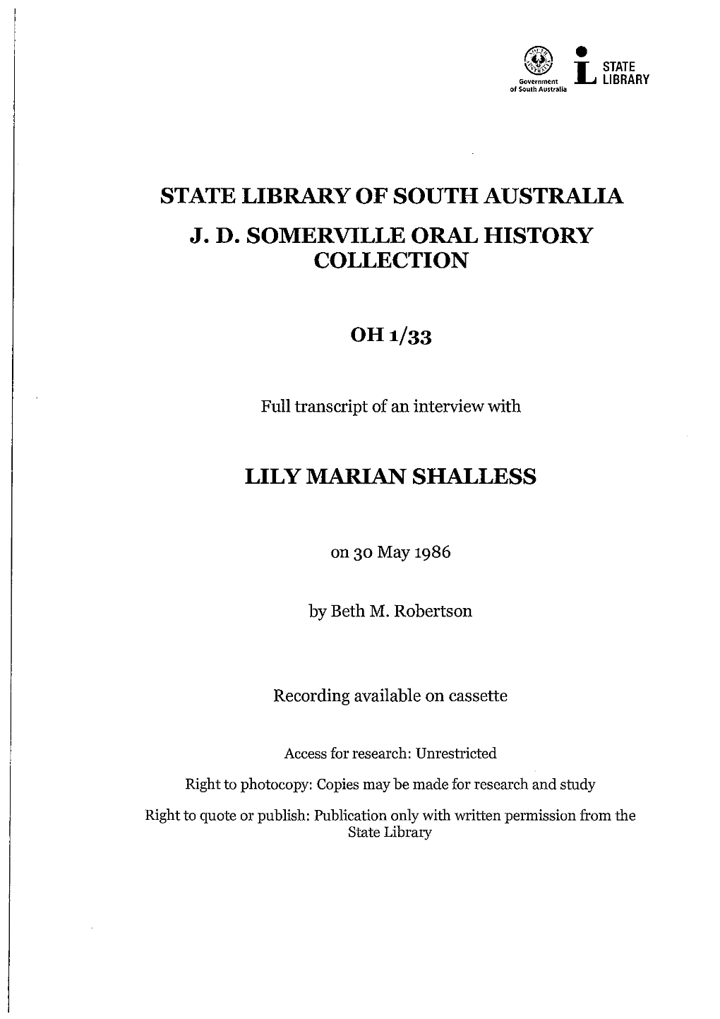 State Library of South Australia J. D. Somerville Oral History Collection