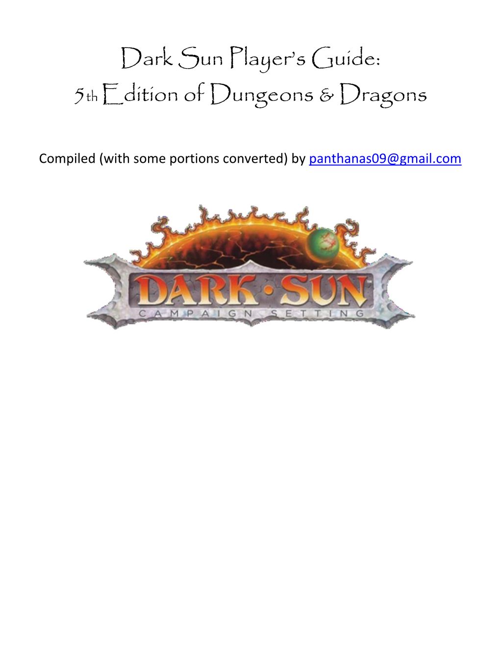 Dark Sun Player's Guide: 5Th Edition of Dungeons & Dragons