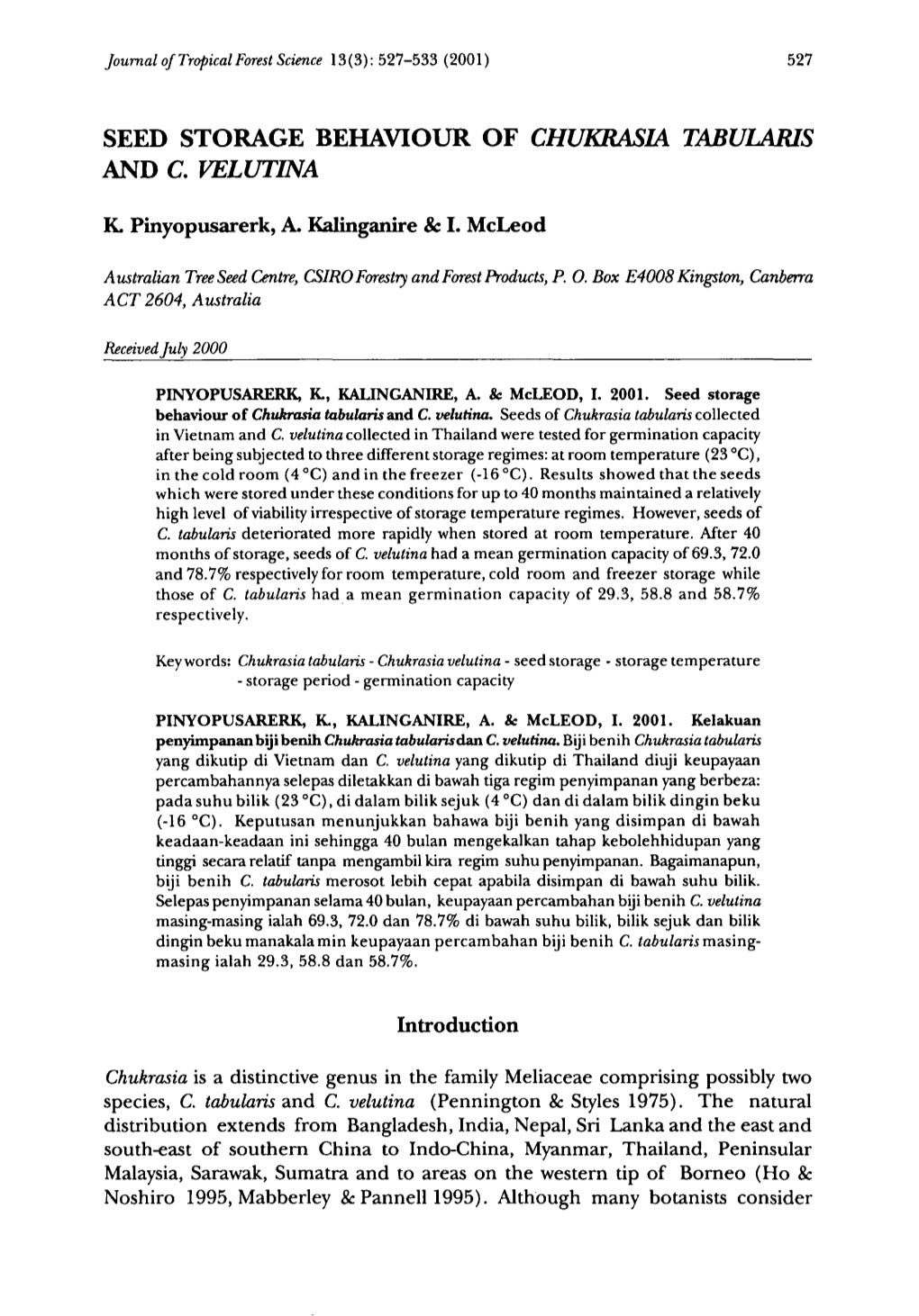 Seed Storage Behaviour of Chukrasia Tabularis