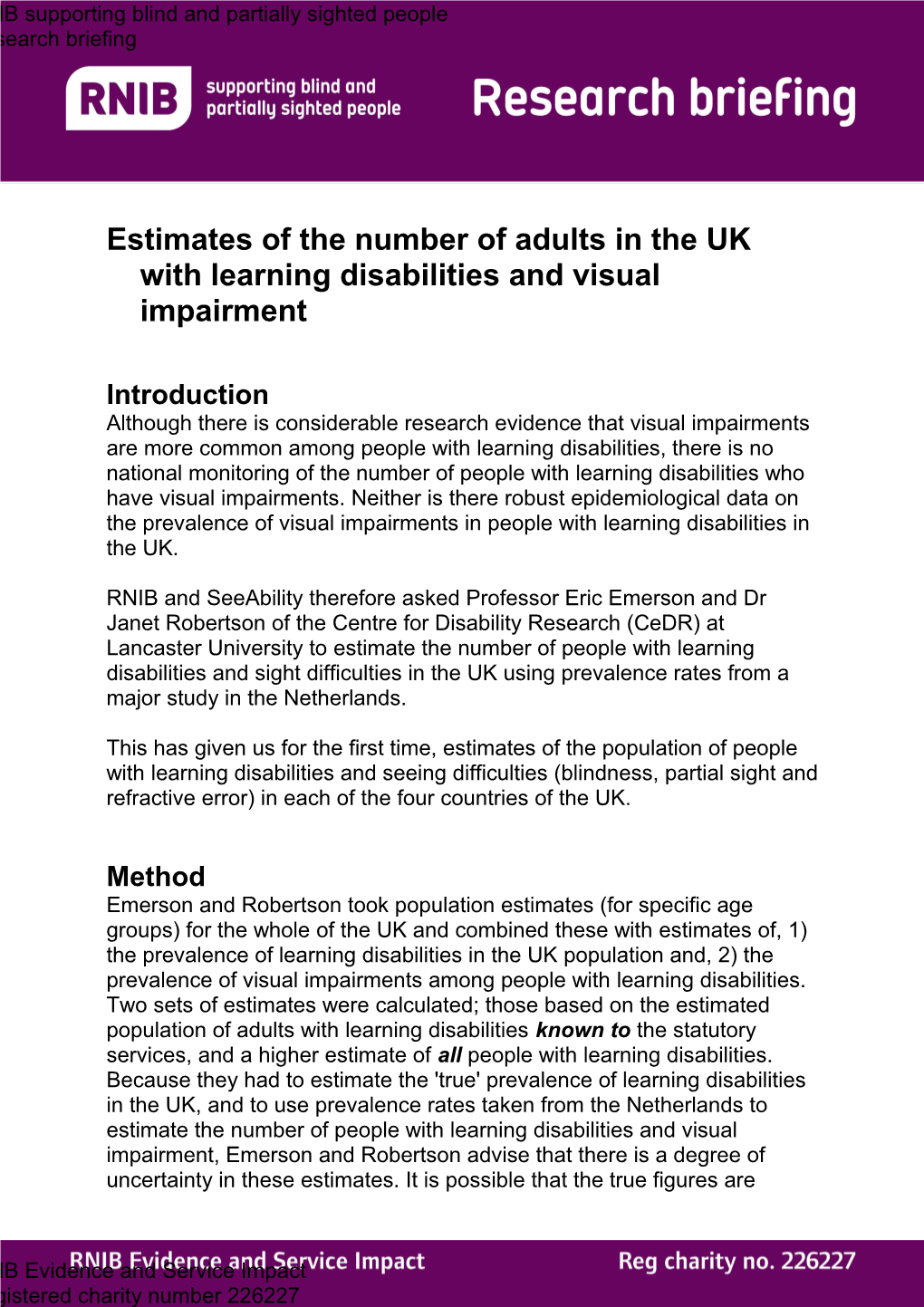 Estimates of Adults in UK with Learning Disabilities Briefing