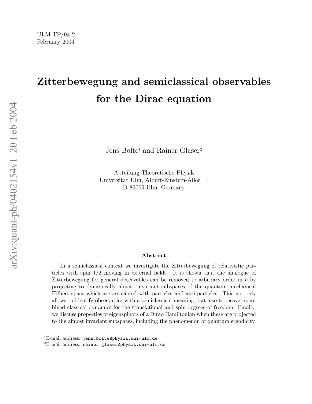 Zitterbewegung and Semiclassical Observables for the Dirac Equation