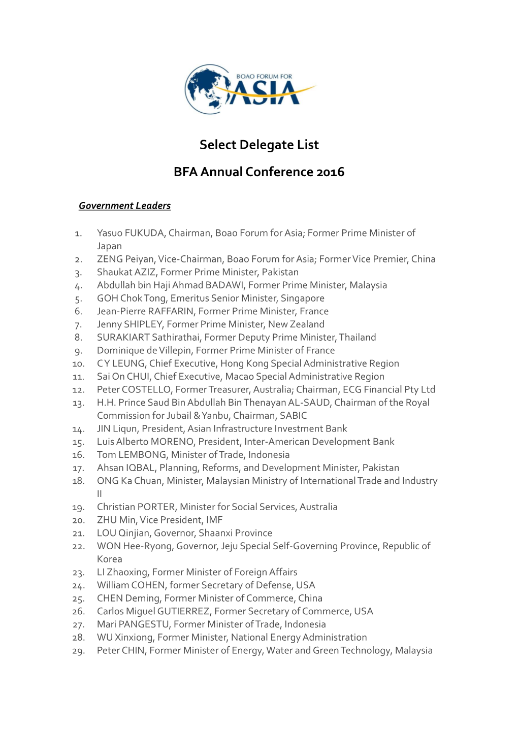 Select Delegate List BFA Annual Conference 2016