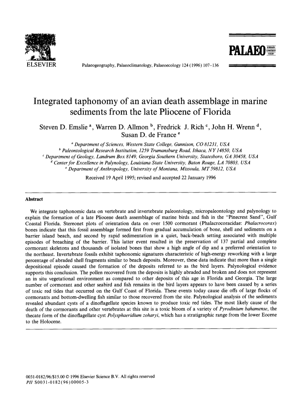 Integrated Taphonomy of an Avian Death Assemblage in Marine Sediments from the Late Pliocene of Florida