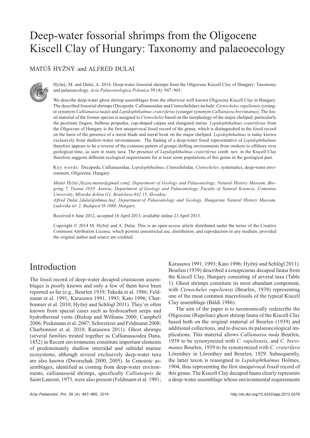 Deep-Water Fossorial Shrimps from the Oligocene Kiscell Clay of Hungary: Taxonomy and Palaeoecology