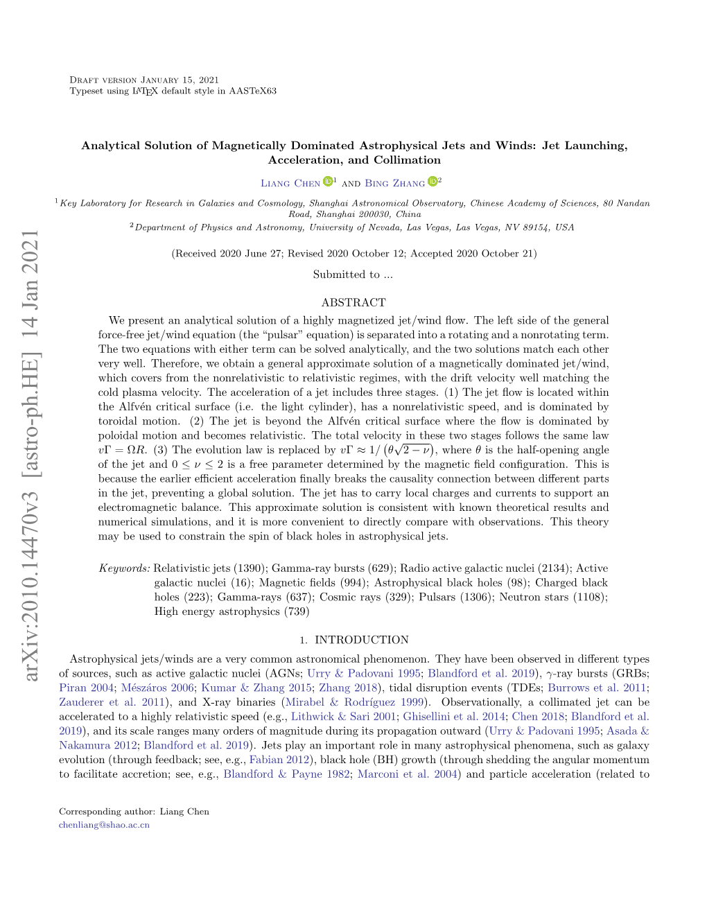 Arxiv:2010.14470V3 [Astro-Ph.HE] 14 Jan 2021 Piran 2004; M´Esz´Aros 2006; Kumar & Zhang 2015; Zhang 2018), Tidal Disruption Events (Tdes; Burrows Et Al