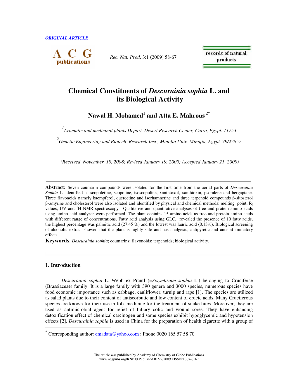 Chemical Constituents of Descurainia Sophia L. and Its Biological Activity