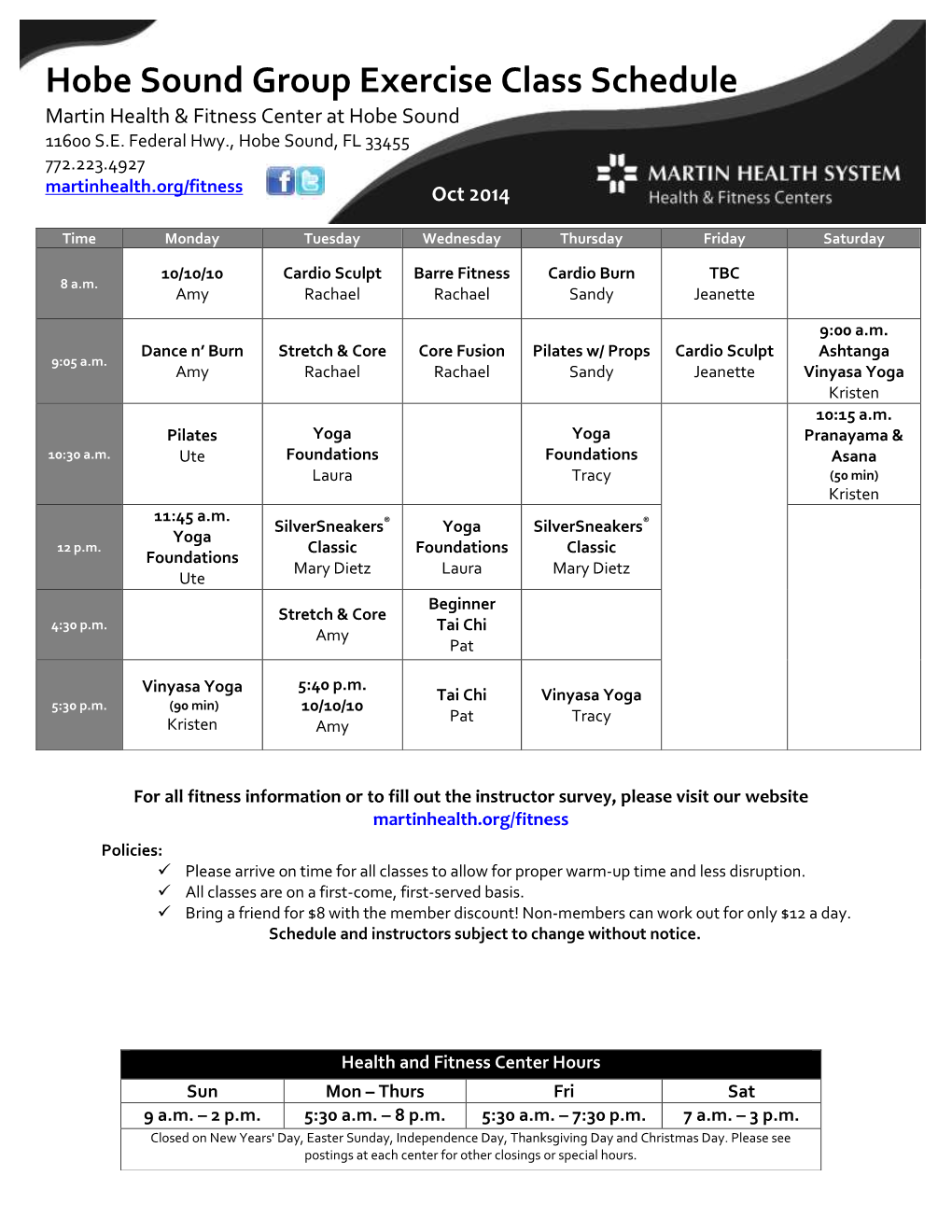 Exercise Class Schedule Martin Health & Fitness Center at Hobe Sound 11600 S.E