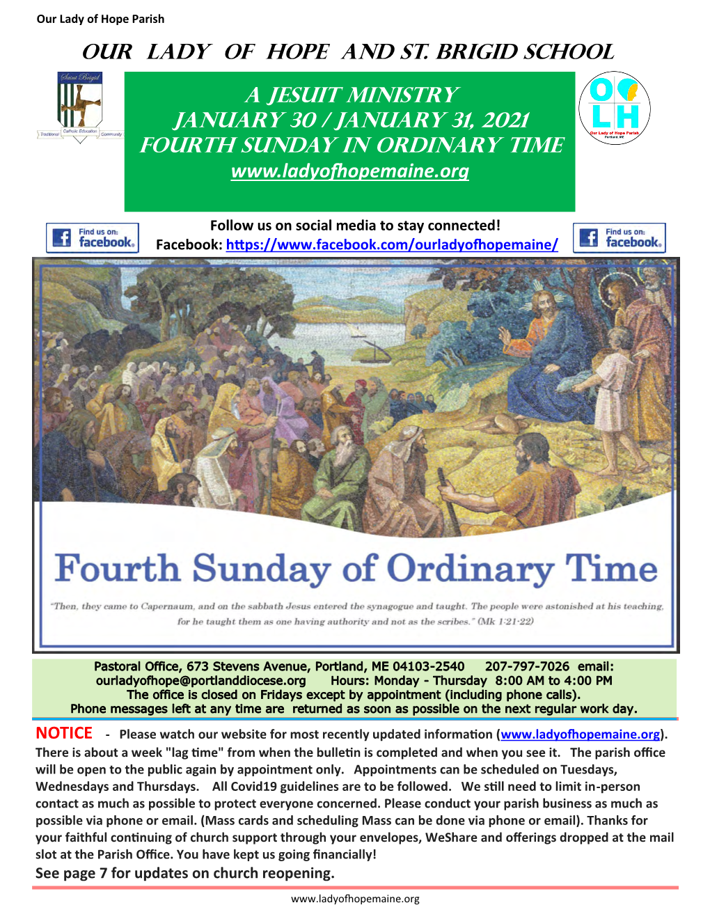 OUR LADY of HOPE and ST. BRIGID SCHOOL a Jesuit Ministry January 30 / January 31, 2021 Fourth Sunday in Ordinary Time
