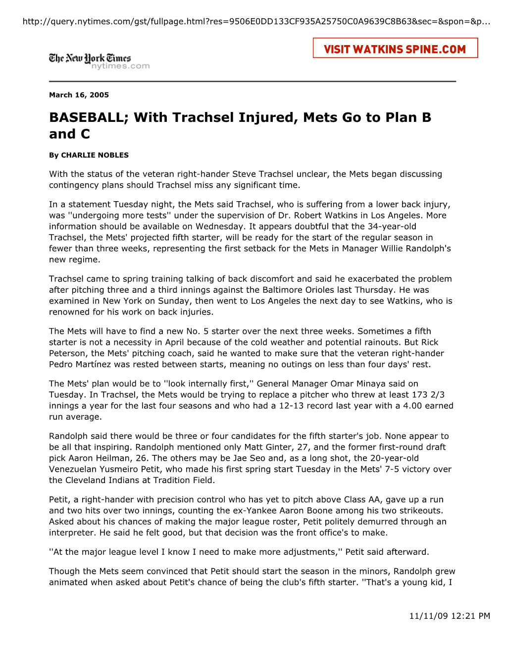 BASEBALL; with Trachsel Injured, Mets Go to Plan B and C