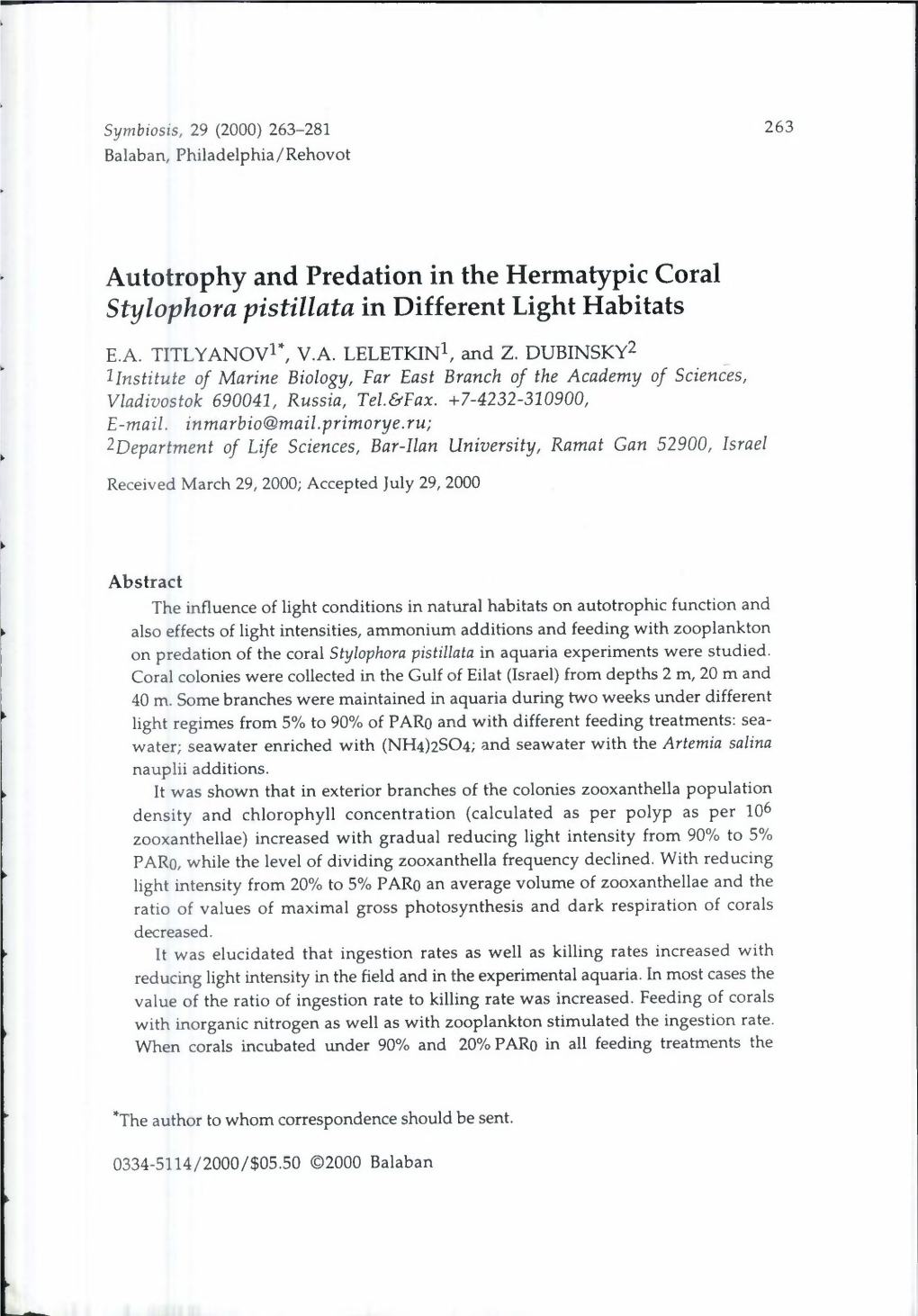 Autotrophy and Predation in the Hermatypic Coral Stylophora Pistillata in Different Light Habitats