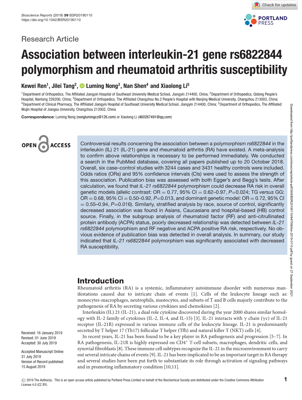 Association Between Interleukin-21 Gene Rs6822844 Polymorphism and Rheumatoid Arthritis Susceptibility