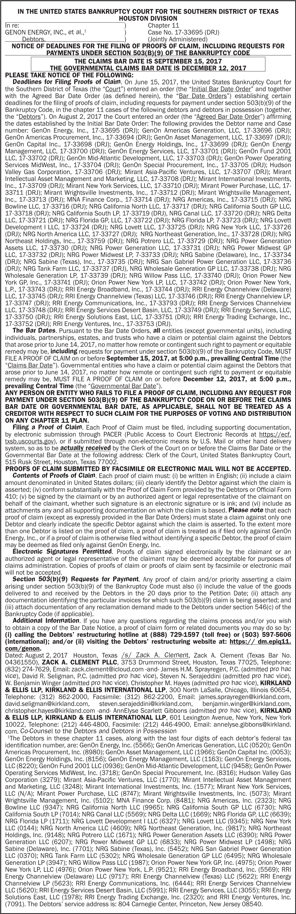 IN the UNITED STATES BANKRUPTCY COURT for the SOUTHERN DISTRICT of TEXAS HOUSTON DIVISION in Re: ) Chapter 11 GENON ENERGY, INC., Et Al.,1 ) Case No
