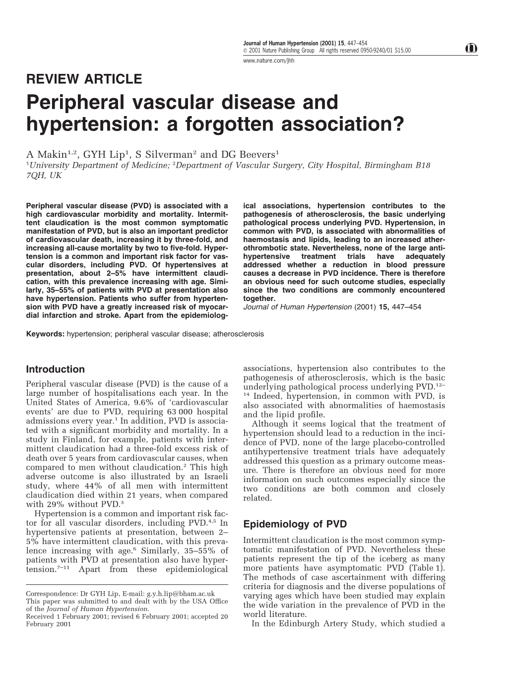 Peripheral Vascular Disease and Hypertension: a Forgotten Association?