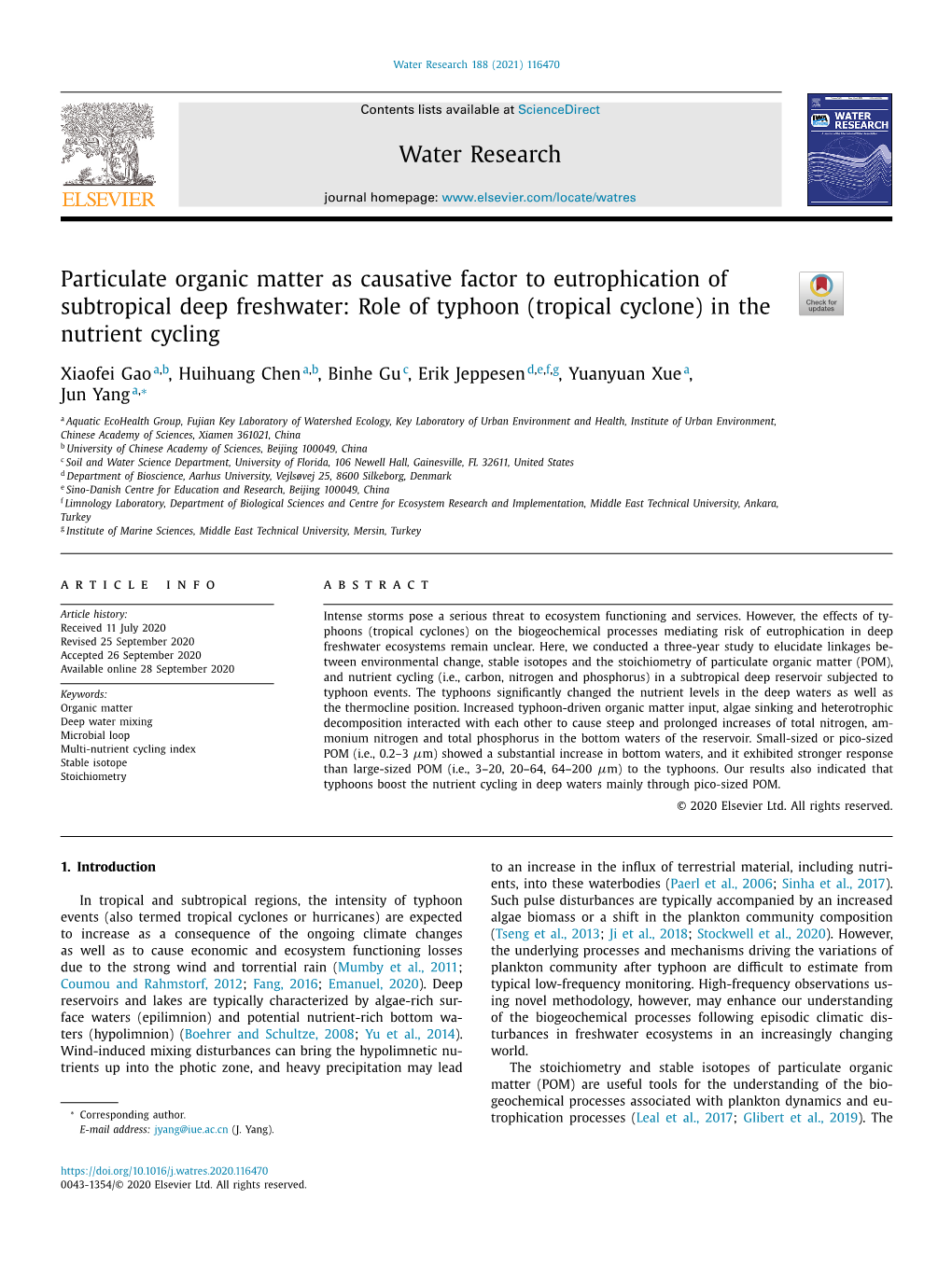 Particulate Organic Matter As Causative Factor to Eutrophication of Subtropical Deep Freshwater: Role of Typhoon (Tropical Cyclone) in the Nutrient Cycling