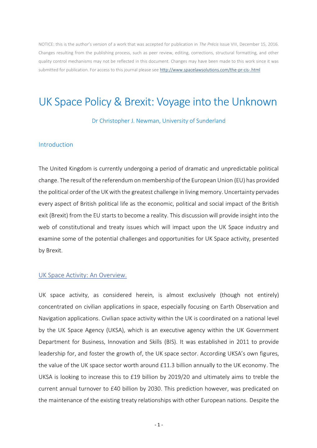 UK Space Policy & Brexit: Voyage Into the Unknown