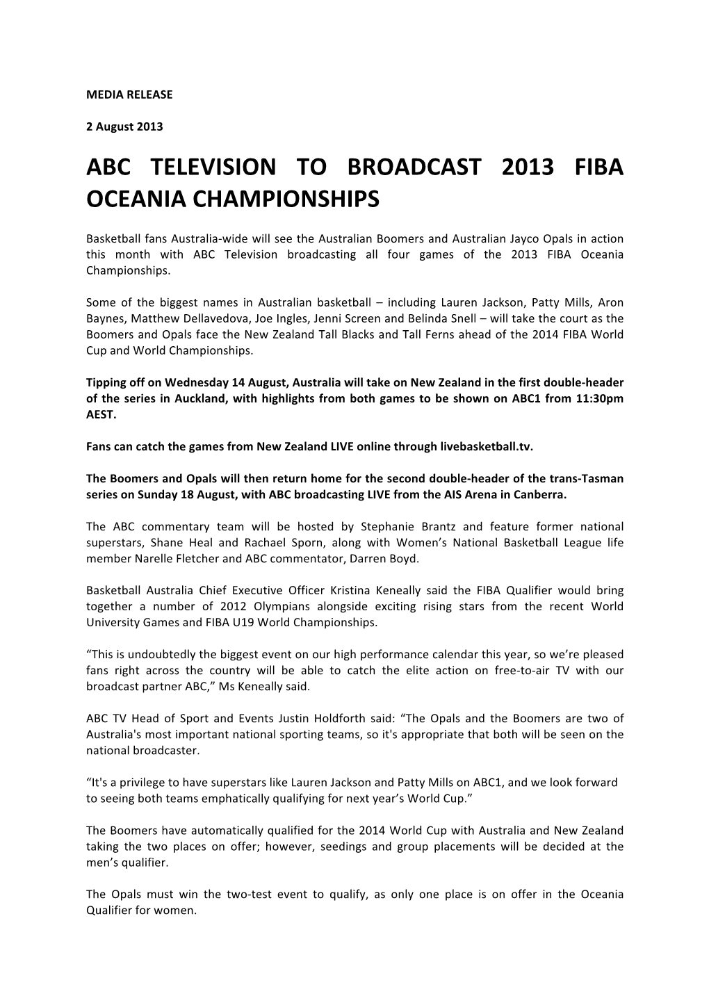 Abc Television to Broadcast 2013 Fiba Oceania Championships