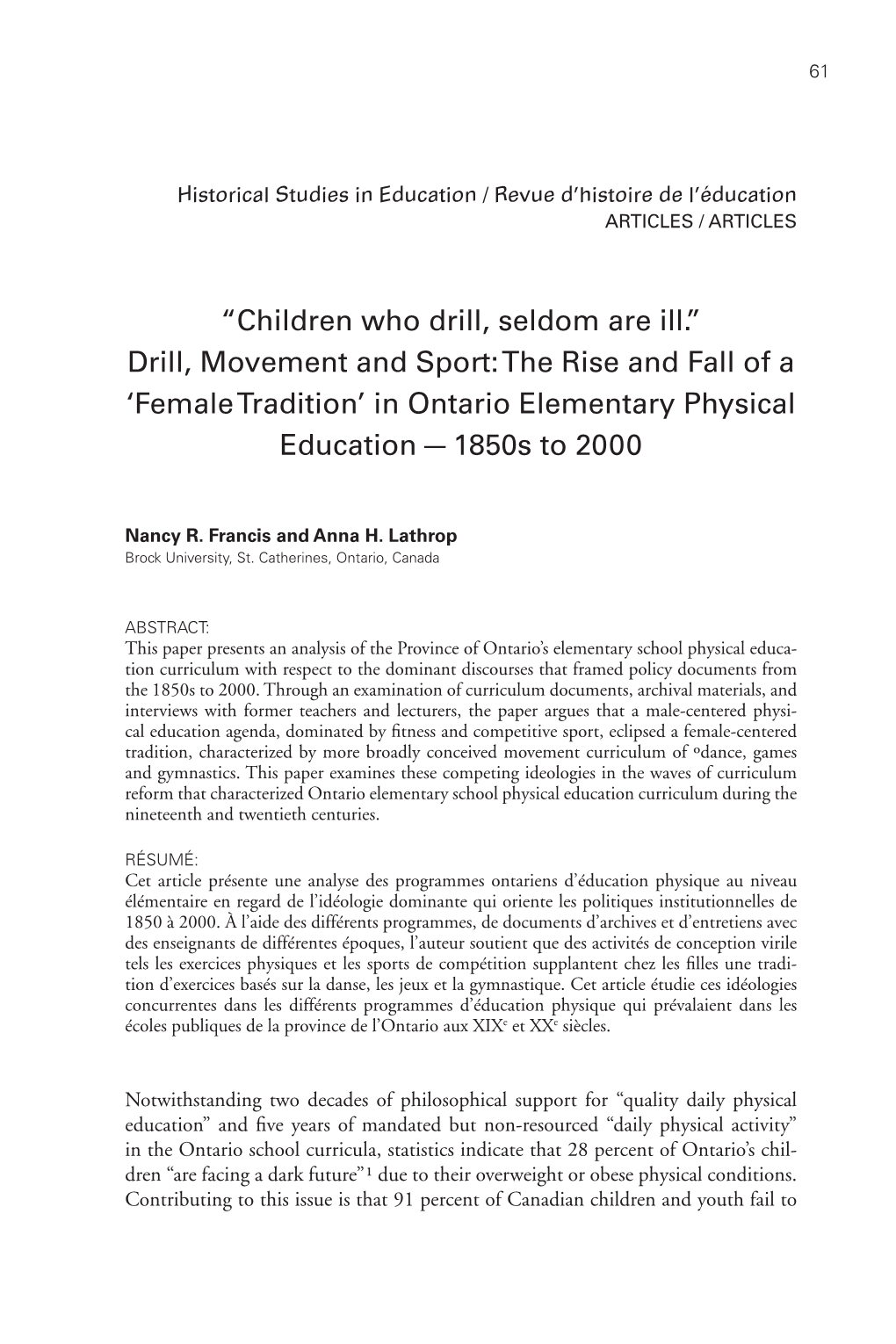 In Ontario Elementary Physical Education — 1850S to 2000